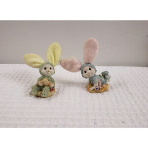 (J5) Vintage Easter Bunny Rabbit Spring Figurines Fuzzy Floppy Ears Set of 2